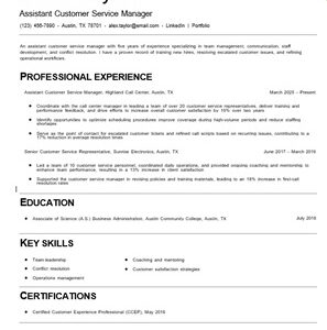 Assistant customer service manager resume